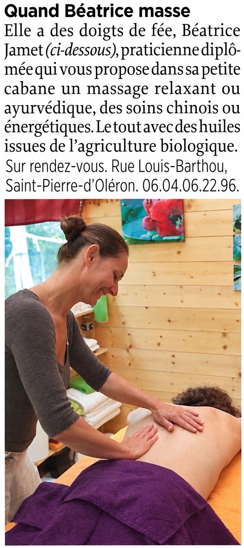 Article du Point, numéro spécial Oléron : « Quand Béatrice masse »